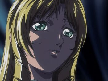 00s 1girl 2002 animated animated_gif anime_screenshot bible_black bible_black_night_of_the_walpulgiss blonde_hair drill_hair drill_sidelocks green_eyes long_hair shiraki_rika shirt sidelocks solo tagme