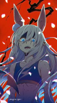 1girl animal_ears bare_shoulders blue_eyes blue_hairband blue_sports_bra collarbone commentary crop_top ear_covers giragira_egao grey_hair hair_between_eyes hairband headband highres horse_ears horse_girl lightning_bolt_print lightning_bolt_symbol long_hair looking_at_viewer open_mouth red_headband solo sports_bra stomach striped_clothes striped_hairband sweat symbol-only_commentary tamamo_cross_(umamusume) tamamo_cross_(with_lightning_speed)_(umamusume) teeth umamusume upper_body very_long_hair