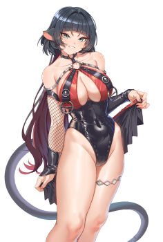 1girl animal_ears bare_shoulders black_hair black_one-piece_swimsuit black_sarong breasts choker fangxiang_cuoluan fishnet_sleeves fishnets green_eyes highres holding_sarong jane_doe_(nocturne_of_light)_(zenless_zone_zero) jane_doe_(zenless_zone_zero) large_breasts leather_leotard long_hair looking_at_viewer mouse_ears mouse_girl mouse_tail multicolored_hair o-ring o-ring_choker o-ring_swimsuit official_alternate_costume one-piece_swimsuit red_hair red_one-piece_swimsuit sarong smile solo swimsuit tail thigh_strap two-tone_one-piece_swimsuit zenless_zone_zero