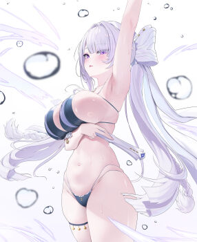 1girl absurdres air_bubble arm_up armpits bikini blue_bikini breasts bubble commentary_request elsynien hand_fan highres holding holding_fan large_breasts long_hair navel purple_eyes solo stomach swimsuit thigh_strap thighs velina_airgid very_long_hair white_hair zenless_zone_zero