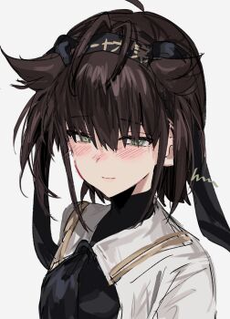 Rule 34 | 1girl, aogisa, black bodysuit, black headband, blush, bodysuit, brown hair, closed mouth, green eyes, hachimaki, hair between eyes, hair flaps, hatsuzuki (kancolle), hatsuzuki kai ni (kancolle), headband, highres, kantai collection, looking at viewer, sailor collar, simple background, solo, upper body, white sailor collar