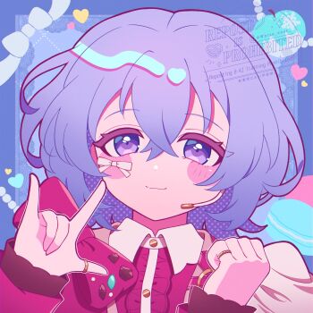 1boy \m/ apple blue_apple blue_background blush_stickers bow brown_outline center_frills clenched_hand closed_mouth collared_shirt commentary crossed_bangs double-parted_bangs ensemble_stars! food frills fruit gold_ring hair_between_eyes halftone hanamura_fuyume hands_up headset heart highres large_bow long_sleeves looking_at_viewer macaron male_focus outline pink_bow pink_shirt pinky_ring portrait purple_eyes purple_hair ribbon shirt shirt_bow short_hair solo straight-on tareme thumb_ring trap watermark white_ribbon white_ztt wing_collar