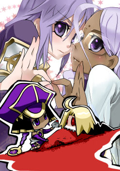 00s 10s 1boy 3girls absurdres ahoge bindi blonde_hair blood braid cape chibi company_connection crossover dark_skin dust_of_osiris facial_mark fangs fate/extra fate/stay_night fate_(series) forehead_mark glasses hat highres melty_blood multiple_girls nekoda_kuro night_of_wallachia ponytail purple_eyes purple_hair rani_viii red_eyes sand sharp_teeth single_braid sion_eltnam_(type-moon) sion_eltnam_atlasia teeth tsukihime type-moon