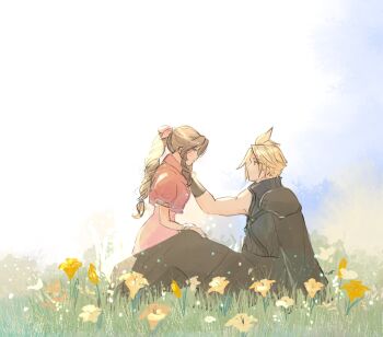 Rule 34 | 1boy, 1girl, aerith gainsborough, armor, black cape, black gloves, black sleeves, black vest, blonde hair, braid, braided ponytail, breasts, brown hair, cape, cloud strife, couple, cropped jacket, dress, field, final fantasy, final fantasy vii, final fantasy vii: advent children, flower, flower field, full body, gloves, hair ribbon, hand on another's cheek, hand on another's face, hand on another's knee, hetero, highres, jacket, lily (flower), long hair, looking at another, meadow, medium breasts, outdoors, papermint tea, parted bangs, pauldrons, pink dress, pink ribbon, puffy short sleeves, puffy sleeves, red jacket, ribbed vest, ribbon, short hair, short sleeves, shoulder armor, sidelocks, silver bangle, single bare shoulder, single braid, single pauldron, single sleeve, sitting, spiked hair, vest, waist cape, yellow flower