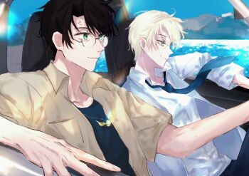 Rule 34 | 2boys, aqua eyes, black hair, blonde hair, blue necktie, car interior, closed mouth, collar, collarbone, draco malfoy, eyelashes, floating clothes, floating neckwear, glasses, green eyes, harry potter, harry potter (series), hpsakemi34238, light particles, lightning bolt symbol, male focus, messy hair, mountain, mountainous horizon, multiple boys, necktie, outdoors, parted bangs, scar, scar on face, scar on forehead, shirt, sky, water, white shirt, wing collar, wizarding world