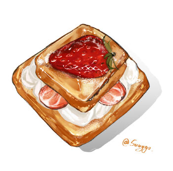 Rule 34 | bread, bread slice, food, food focus, fruit, no humans, original, powdered sugar, simple background, strawberry, strawberry slice, suyako (suya93), toast, twitter username, white background