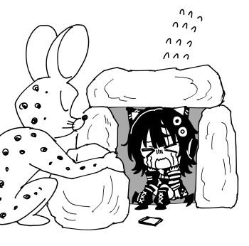 &gt;_&lt; 1girl absurdres animal_ear_headphones animal_ears character_request chibi closed_eyes crying eyebrows_hidden_by_hair fake_animal_ears flying_sweatdrops greyscale hands_up headphones highres knees_up long_sleeves loose_socks mahou_shoujo_no_majo_saiban monochrome open_mouth sawatari_coco simple_background sitting sleeves_past_wrists socks somechime_(sometime1209) streaming_tears tears wavy_mouth white_background