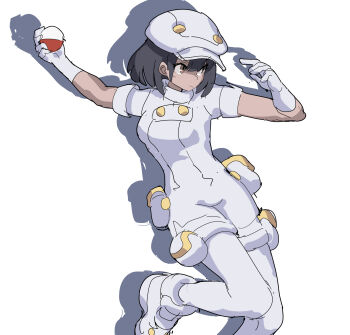 1girl aether_foundation_employee aether_foundation_employee_(female) aether_foundation_uniform black_hair brown_eyes newsboy_cap dark-skinned_female dark_skin full_body gloves hat highres huanxiang_huifeng jumpsuit looking_at_viewer nintendo pantyhose pokemon pokemon_sm shoes short_hair short_jumpsuit short_sleeves simple_background solo standing turtleneck_jumpsuit white_background white_gloves white_hat white_jumpsuit white_pantyhose white_shoes
