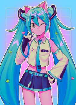 Rule 34 | 1girl, ;3, absurdres, animal ear headphones, animal ears, bare shoulders, belt, black gloves, black skirt, blue belt, blue border, blue hair, blue necktie, blue trim, blush stickers, border, cat ear headphones, cat ears, closed mouth, collared shirt, commentary request, contrapposto, cowboy shot, crop top, cropped shirt, detached sleeves, double-parted bangs, fake animal ears, faux retro artstyle, flat chest, fortissimo, frilled shirt, frilled shirt collar, frills, gloves, grid background, hair between eyes, hair ornament, hand on own hip, hand up, hatsune miku, headphones, headset, heart, heart hair ornament, highres, lightning bolt, lightning bolt hair ornament, lightning bolt symbol, long hair, looking at viewer, menma (enaic31), midriff, miniskirt, musical note, musical note hair ornament, necktie, one eye closed, outline, outside border, pink background, pink eyes, pleated skirt, shirt, signature, simple background, skirt, sleeveless, sleeveless shirt, solo, standing, star (symbol), star hair ornament, straight-on, tie clip, twintails, two-tone gloves, very long hair, vocaloid, white gloves, white outline, white shirt, white sleeves, wide sleeves