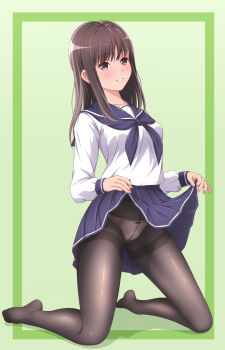 1girl akippoi_0919 black_pantyhose brown_eyes brown_hair clothes_lift highres lifting_own_clothes original panties panties_under_pantyhose pantyhose school_uniform serafuku underwear