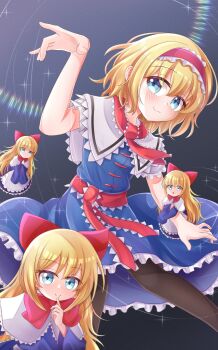 1girl alice_margatroid black_pantyhose blonde_hair blue_dress blue_eyes capelet closed_mouth commentary doll dress frilled_hairband frilled_sash frills hairband highres lolita_hairband looking_at_viewer minto_yupo pantyhose puppet_strings red_hairband red_sash sash shanghai_doll smile solo touhou waist_sash
