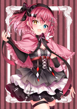 Rule 34 | 1girl, :d, black dress, black sleeves, black thighhighs, blue eyes, blush, brown eyes, capelet, commission, detached sleeves, dress, fang, framed cleavage, frilled capelet, frilled hood, frills, hair between eyes, hair ornament, hairclip, hand up, heterochromia, hood, hood down, hooded capelet, layered dress, long sleeves, looking at viewer, nogi takayoshi, open mouth, original, pink capelet, pleated dress, red hair, single thighhigh, skeb commission, skindentation, sleeves past wrists, smile, solo, striped background, thigh strap, thighhighs, x hair ornament