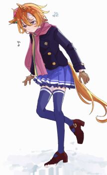 1girl animal_ears blue_coat blush brown_gloves buttons closed_mouth coat commentary crown double-breasted full_body gloves hair_between_eyes highres horse_ears horse_girl horse_tail long_sleeves mia_umauma mini_crown musical_note orange_hair orange_tail pink_crown pink_scarf purple_eyes purple_skirt purple_thighhighs scarf school_uniform shoes short_hair skirt solo star_(symbol) symbol-only_commentary t.m._opera_o_(umamusume) tail thighhighs tracen_school_uniform tracen_winter_coat umamusume winter_clothes winter_coat winter_uniform zettai_ryouiki