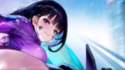 1girl animated anus anus_peek ass ass_focus bicycle black_boots black_hair boots breasts brown_dust_(series) brown_dust_2 closed_mouth cropped_jacket curvy eyebrows_hidden_by_hair falling from_behind from_below gloves green_eyes grin gun heterochromia highleg holding holding_gun holding_sword holding_weapon huge_ass huge_breasts jacket large_breasts lips looking_at_viewer looking_down luvencia_(brown_dust) motion_blur navel official_art open_mouth partially_visible_vulva pink_gloves purple_eyes purple_jacket revealing_clothes riding riding_bicycle road skindentation smile solo sound spread_legs stomach sword tagme teeth thick_thighs thigh_boots thighs video weapon wide_hips