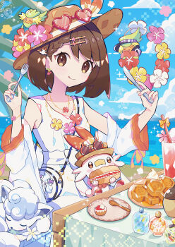 Rule 34 | 1girl, absurdres, alcremie, alolan form, alolan vulpix, brown eyes, brown hair, cake, cherubi, closed eyes, combee, comfey, dress, eating, flower, food, fruit, gen 4 pokemon, gen 7 pokemon, gen 8 pokemon, gloria (pokemon), grookey, haru (haruxxe), hat, highres, knife, nintendo, pokemon, pokemon (creature), pokemon swsh, rabbit, scorbunny, short hair, sleeping, smile, sobble, strawberry, white dress