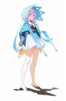 absurdres aqua_hood barefoot black_shirt blue_eyes full_body highres hood hood_up kaf_(kamitsubaki_studio) kamitsubaki_studio lastation14 long_sleeves low_twintails mouth_hold multicolored_eyes pink_hair red_eyes shadow shirt simple_background standing twintails two-tone_eyes virtual_youtuber water_gun white_background yellow_pupils
