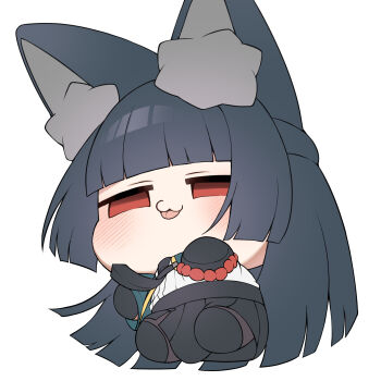 1girl :3 animal_ear_fluff animal_ears aqua_jacket arm_out_of_sleeve black_hair black_necktie black_pantyhose black_skirt blunt_bangs blush chibi chibi_only fox_ears fox_girl half-closed_eyes high-waist_skirt highres hoshimi_miyabi jacket long_hair necktie no_pupils pantyhose red_eyes shinonome_nashi shirt simple_background skirt solo tongue tongue_out white_background white_shirt zenless_zone_zero