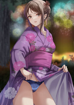1girl aerial_fireworks blue_panties blurry blurry_background breasts brown_eyes brown_hair character_request clothes_lift collarbone commentary_request cowboy_shot disgust fireworks floral_print floral_print_kimono guest_art hair_ornament iya_na_kao_sare_nagara_opantsu_misete_moraitai japanese_clothes kimono kimono_lift lifting_own_clothes long_hair medium_breasts obi panties parted_lips print_kimono purple_kimono purple_sash sash second-party_source solo standing striped_clothes striped_panties summer_festival underwear vertical-striped_clothes vertical-striped_panties yamikyon yukata