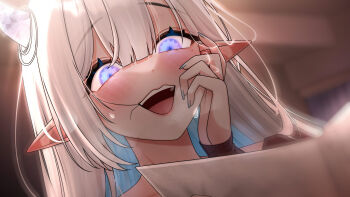 1girl blue_hair blurry blurry_background blush close-up colored_inner_hair ear_blush grey_nails hair_in_own_mouth halo_sweety halo_sweety_(artist) highres horns indie_virtual_youtuber long_hair long_sleeves mole mole_under_eye multicolored_hair open_mouth pointy_ears purple_eyes solo sweat teeth upper_teeth_only virtual_youtuber