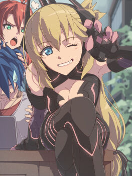 1boy 2girls :o agnes_claudel ahoge angry animal_ears black_bodysuit blonde_hair blue_eyes blue_hair blurry blurry_background bodysuit breasts chiharu_(9654784) claw_pose claws cleavage cleavage_cutout clothing_cutout collarbone commentary_request commission computer cosplay detached_sleeves double-parted_bangs eiyuu_densetsu fake_animal_ears gloves green_eyes grimcats_(eiyuu_densetsu) grin hair_between_eyes hair_bun highres judith_lanster kuro_no_kiseki kuro_no_kiseki_(series) kuro_no_kiseki_ii laptop large_breasts latex latex_bodysuit long_hair looking_at_viewer low-tied_long_hair multiple_girls one_eye_closed open_mouth parted_lips red_hair single_side_bun sitting skeb_commission skin_tight smile sweatdrop table van_arkride