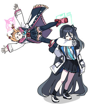 2girls absurdly_long_hair absurdres animal_ear_headphones animal_ears aqua_halo aris_(blue_archive) black_skirt blue_archive blue_necktie cat_ear_headphones cat_ears fake_animal_ears halo headphones highres jacket long_hair momoi_(blue_archive) multiple_girls necktie pink_halo rectangular_halo skirt tenten_(chan4545) very_long_hair white_jacket