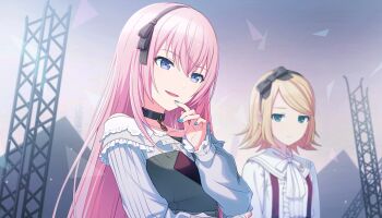 Rule 34 | 25-ji luka, 25-ji rin, 2girls, aqua eyes, black bow, black choker, black hairband, black ribbon, blonde hair, blue eyes, blue nails, blurry, blurry background, bow, bow hairband, center frills, choker, closed mouth, collarbone, collared shirt, colorful palette, cropped torso, depth of field, dot nose, dress, expressionless, fingernails, frilled shirt, frilled sleeves, frills, game cg, grey dress, hairband, hand on own arm, hand on own chin, hand up, highres, jitome, kagamine rin, long hair, looking at another, looking to the side, megurine luka, multiple girls, nail polish, off-shoulder shirt, off shoulder, official art, open mouth, pink hair, project sekai, red suspenders, ribbon, shirt, short hair, strapless, strapless dress, suspenders, third-party source, tomoni true route wo mezashite (project sekai), triangle, truss, unamused, upper body, vocaloid, white ribbon, white shirt