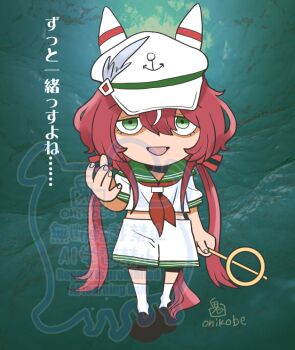 Rule 34 | 1girl, anchor symbol, black shoes, commentary request, cosplay, full body, green background, green eyes, green sailor collar, hair between eyes, hat, hishaku, horse girl, long hair, looking at viewer, low twintails, murasa minamitsu, murasa minamitsu (cosplay), neckerchief, onikobe rin, open mouth, reaching, reaching towards viewer, red hair, red neckerchief, sailor collar, shaded face, shirt, shoes, shorts, smile, socks, solo, touhou, translation request, twintails, umamusume, water, watermark, white hat, white shirt, white shorts, white socks, win variation (umamusume)