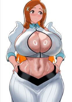 1girl bleach bleach:_sennen_kessen-hen breasts brown_eyes cleavage cleavage_cutout clothing_cutout curvy detached_sleeves female_focus hair_ornament hairclip hand_on_own_hip inoue_orihime large_breasts light_blush long_hair magic_sasa navel orange_hair parted_lips puffy_sleeves shiny_skin simple_background snowflake_hair_ornament solo solo_focus standing stomach sweat white_background wide_hips