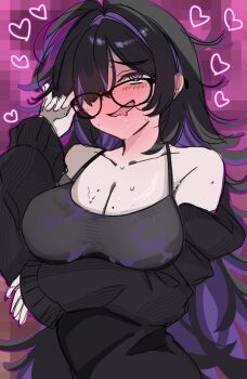 1girl adjusting_eyewear bare_shoulders black-framed_eyewear black_dress black_hair blush breasts cardigan cleavage collarbone dress drooling full-face_blush glasses goddess_of_victory:_nikke hair_over_one_eye heart highres label_(nikke) large_breasts long_hair long_sleeves mole mole_on_breast mouth_drool multicolored_hair off_shoulder oi_tie open_mouth purple_hair solo streaked_hair sweat two-tone_hair very_long_hair