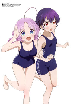 2girls :d :o absurdres ahoge akeuchi_yuu bare_legs barefoot black_one-piece_swimsuit blue_eyes blush braid breasts cleavage collarbone double_bun grabbing_another&#039;s_arm gradient_hair hair_bun highres hoshikuzu_telepath konohoshi_umika medium_breasts megami_magazine multicolored_hair multiple_girls official_art one-piece_swimsuit open_mouth pink_hair purple_hair red_eyes scan simple_background small_breasts smile standing swimsuit triple_vertical_stripe two-tone_hair white_background