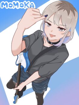 1girl black_choker black_pantyhose black_shirt character_name choker commentary_request denim denim_shorts girls_band_cry grey_eyes guitar highres holding holding_guitar holding_instrument instrument kawaragi_momoka pantyhose pantyhose_under_shorts shirt shorts simple_background tongue tongue_out wasaudon_101