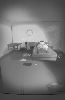 1boy 1girl :o age_difference animal_ears ass bed bedroom blush breast_press breasts clothed_female_nude_male clothed_sex cowgirl_position fake_animal_ears fishnet_thighhighs fishnets hannyasan huge_ass huge_breasts lying medium_hair monochrome nude on_bed original partially_undressed penis sex shota sitting size_difference straddling testicles thighhighs vaginal