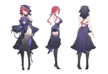 1girl absurdres bare_arms bare_shoulders black_dress black_gloves black_shoes black_sleeves black_thighhighs breasts chinese_commentary cleavage cleavage_cutout closed_mouth clothing_cutout commentary_request commission detached_sleeves dress flantia frilled_thigh_strap from_behind full_body gloves hair_over_one_eye highres huge_breasts looking_at_viewer multiple_views original profile red_eyes red_hair reference_sheet shoes simple_background solo thigh_strap thighhighs transparent_background wide_sleeves