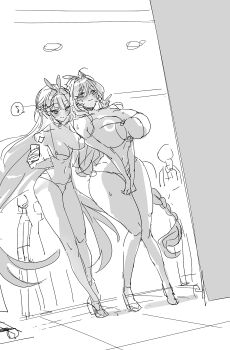 Rule 34 | 2girls, absurdres, bikini, blanc (nikke), blush, braid, breasts, cleavage, goddess of victory: nikke, greyscale, highres, huge breasts, large breasts, long hair, mimimi, mimlmi, monochrome, multiple girls, musical note, navel, noir (nikke), sketch, spoken musical note, swimsuit, very long hair, wide hips