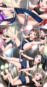 5girls absurdres ass audience backpack bag barefoot before_and_after blush buruma cameltoe censored cleft_of_venus close-up dot_nose fat_mons feet flat_chest frottage full_body grinding hair_ornament higeepon highres huge_filesize legs_together loli looking_at_viewer mosaic_censoring multiple_girls multiple_views navel pole_dancing pussy pussy_juice randoseru short_hair shorts smile soles split_screen spread_legs tagme toes