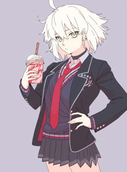Rule 34 | 1girl, ahoge, anianiani0607, black jacket, blue sweater, breasts, choker, collared shirt, cup, disposable cup, fate/grand order, fate (series), grey hair, grey skirt, highres, jacket, jeanne d'arc alter (fate), large breasts, long sleeves, looking at viewer, necktie, pseudo-tokyo school uniform, school uniform, shirt, short hair, skirt, solo, sweater, white shirt, yellow eyes