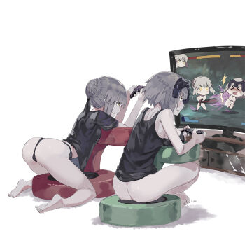 >_< 2girls arm_support artoria_pendragon_(fate) ass back bare_arms barefoot bent_over black_panties black_shirt blush blush_stickers bottomless braid breast_envy breast_rest breasts chibi closed_eyes club3 controller dualshock excalibur_morgan_(fate) fate/grand_order fate/stay_night fate_(series) fighting_game game_controller gamepad gameplay_mechanics grey_hair hair_bun headpiece health_bar holding holding_sword holding_weapon jeanne_d'arc_(fate) jeanne_d'arc_(ruler)_(fate) jeanne_d'arc_alter_(avenger)_(fate) jeanne_d'arc_alter_(fate) kneeling large_breasts multiple_girls no_pants nose_blush panties playing_games playstation_controller product_placement profile saber_(fate) saber_alter shirt short_hair short_sleeves single_hair_bun sitting smile sword tank_top television underwear weapon white_background yellow_eyes