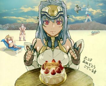 2boys 2girls android blonde_hair blue_hair breasts cake chrono_cross chrono_trigger closed_mouth crossover dated elbow_gloves epoch food forehead_protector gloves gundam jewelry kid_(chrono_cross) kos-mos kos-mos_ver._1 long_hair mecha midriff mobile_suit_gundam multiple_boys multiple_girls necklace photo_background ponytail red_eyes robot rx-78-2_gundam ryon_(yasagure_un) skirt standing starky_(chrono_cross) vest xenosaga xenosaga_episode_i zoah_(chrono_cross)