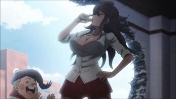 Rule 34 | 1boy, 1girl, animated, animated gif, blush, breasts, chef, colored skin, danganronpa (series), danganronpa 3 (anime), dark-skinned female, dark skin, hanamura teruteru, large breasts, miniskirt, muscle growth, muscular, muscular female, owari akane, red skin, skirt, steam, tan, veins