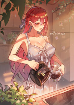1girl absurdres armpits artist_name blush breasts cleavage coffee coffee_mug coffee_pot cup cupboard dress hair_between_eyes hair_ribbon highres himeko_(honkai:_star_rail) honkai:_star_rail honkai_(series) kitchen large_breasts lipstick long_hair looking_at_object looking_down magnet makeup mug open_mouth orange_eyes plant potted_plant pouring red_eyes refrigerator refrigerator_magnet reiness_(ureiness) ribbon sideboob sink skull smile solo very_long_hair white_dress