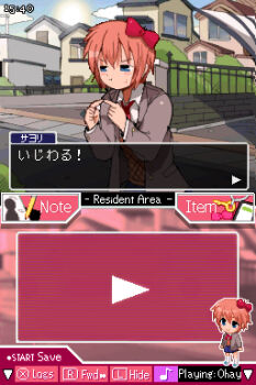 1girl bendedede blue_eyes blush bow chibi closed_mouth commentary day doki_doki_literature_club doki_doki_literature_club_school_uniform english_commentary english_text grey_jacket hair_bow handheld_game_console highres index_fingers_together jacket long_sleeves nintendo_ds orange_hair outdoors pixel_art pout red_bow sayori_(doki_doki_literature_club) school_uniform short_hair small_sweatdrop symbol-only_commentary translation_request user_interface visual_novel