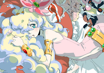 Rule 34 | 1girl, aqua eyes, armlet, blonde hair, blue hair, blush, center opening, doll, dress, flower, flower-shaped pupils, fluffy hair, gem, green gemstone, hair over one eye, hair ribbon, holding, holding flower, jewelry, lips, long hair, looking at viewer, lying, multicolored hair, navel, nia teppelin, pink dress, pink flower, pink pupils, red gemstone, ribbon, sleeveless, sleeveless dress, stuffed animal, stuffed toy, symbol-shaped pupils, tengen toppa gurren lagann, white ribbon, yutaka7