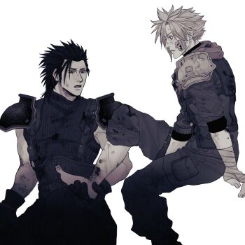 2boys armor bandage_on_cheek bandaged_hand bandages belt black_gloves black_hair black_pants blonde_hair cloud_strife crisis_core_final_fantasy_vii dirty dirty_clothes dirty_face final_fantasy final_fantasy_vii gloves hair_slicked_back highres holding_another&#039;s_foot ht8207 injury male_focus medium_hair multiple_belts multiple_boys pants pants_rolled_up parted_lips pauldrons sharp_teeth shinra_infantry_uniform short_hair shoulder_armor single_bare_foot sleeveless sleeveless_turtleneck sleeves_rolled_up suspenders teeth turtleneck white_background zack_fair