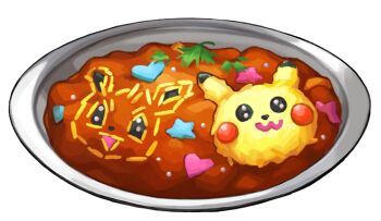 artist_request character-themed_food curry curry_rice eevee food food_focus game_cg garnish gen_1_pokemon heart herb nintendo no_humans official_art pikachu plate pokemon pokemon_swsh rice star_(symbol) third-party_source transparent_background