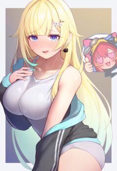 2girls aizawa_ema black_jacket blonde_hair blue_eyes blush breasts commentary_request earrings hair_ornament hairclip highres jacket jewelry large_breasts long_hair looking_at_viewer multiple_girls nekota_tsuna nokonata off_shoulder open_clothes open_jacket open_mouth panties shirt sleeveless sleeveless_shirt smile solo_focus underwear virtual_youtuber vspo! white_panties white_shirt
