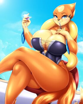 1girl artist_name beach black_one-piece_swimsuit blue_eyes blue_sky blush breasts chair cleavage cloud cocktail_glass crossed_legs cup day drink drinking_glass dutch_angle female_focus floatzel furry furry_female gen_4_pokemon glass half-closed_eyes hand_on_own_chest hands_up holding huge_breasts looking_at_viewer mleonheart multiple_tails nail_polish nintendo one-piece_swimsuit outdoors personification pokemon pokemon_(creature) pokemon_dppt shiny_skin sitting sky smile solo strapless strapless_one-piece_swimsuit sunlight swimsuit tail teeth thick_thighs thighs two_tails watermark