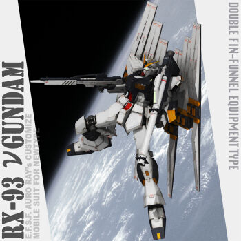 3d aiming beam_rifle cable char's_counterattack character_name cloud commentary_request earth_(planet) energy_gun english_text fin_funnels gundam highres in_orbit machinery mecha mecha_focus mobile_suit no_humans nu_gundam ocean photo_background planet realistic robot roundel science_fiction space tomholy v-fin weapon