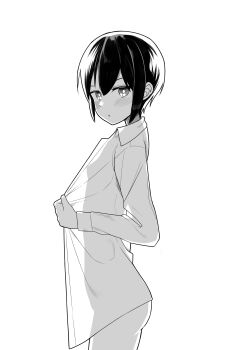 1girl absurdres akts625 androgynous ass blush breasts bright_pupils closed_mouth collared_shirt commentary cowboy_shot dot_mouth dress_shirt embarrassed expressionless eyelashes from_side greyscale hair_between_eyes highres kino_(kino_no_tabi) kino_no_tabi looking_at_viewer looking_to_the_side monochrome naked_shirt no_bra no_panties open_clothes open_shirt opened_by_self perky_breasts see-through_silhouette shirt short_hair sidelocks simple_background small_breasts solo standing tomboy undressing very_short_hair white_background white_pupils white_shirt