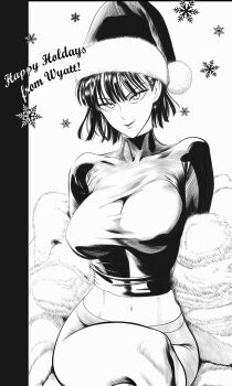 1girl absurdres breasts christmas commentary crosshatching english_commentary fubuki_(one-punch_man) happy_holidays hat hatching_(texture) highres large_breasts mostlybluewyatt navel one-punch_man santa_hat short_hair snowflakes solo