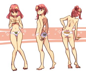 10s 1girl :> alternate_hairstyle animal_print ass back barefoot collage covering_breasts covering_privates dimples_of_venus frog_print hair_bun hair_down jakuzure_nonon kill_la_kill monkey nozo_(fitton) panties pink_eyes pink_hair print_panties single_hair_bun topless_female underwear underwear_only white_panties